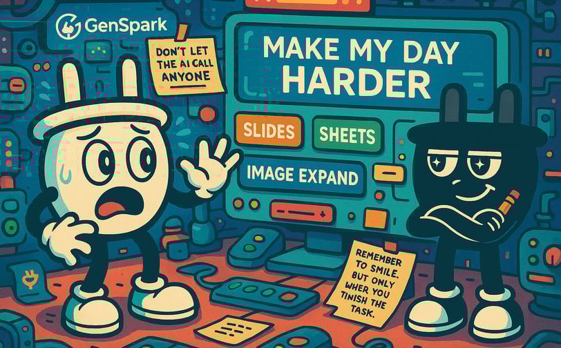 Plugsy looks panicked in a colorful control room labeled ‘GenSpark,’ while Smugsy smirks confidently