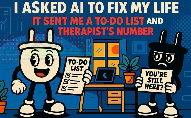 Funny cartoon illustration of AI productivity struggle featuring Plugsy juggling alarm clocks and to