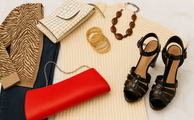 Flat lay of chic women's outfit featuring a zebra print sweater, cream top, gold bangles, chunk