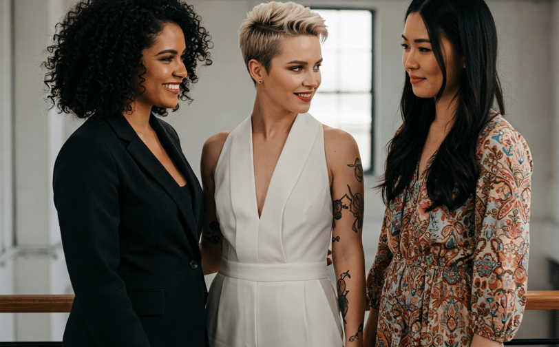 three women standing next to each other in a room