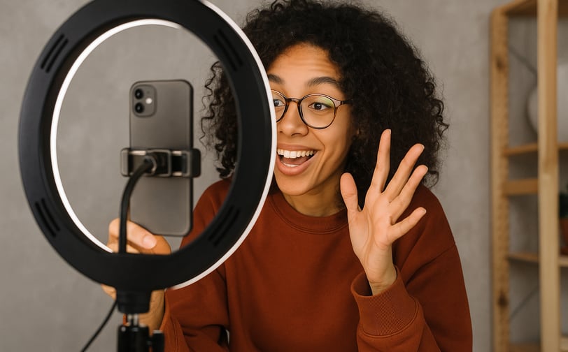 A creator actively filming content with a ring light, looking engaged and creative.