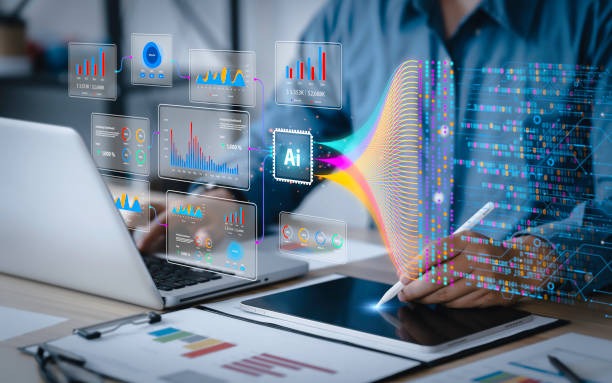 A man using multiple ai tools and holograms to work