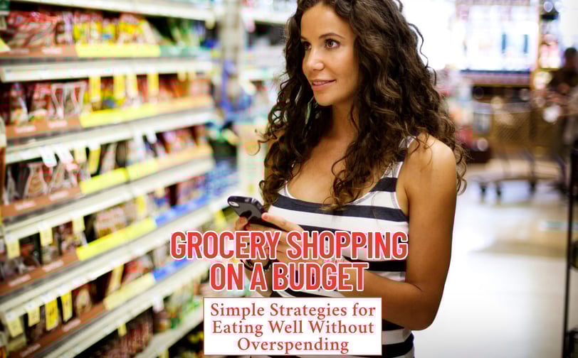 A woman grocery shopping with the words grocery shopping on a budget
