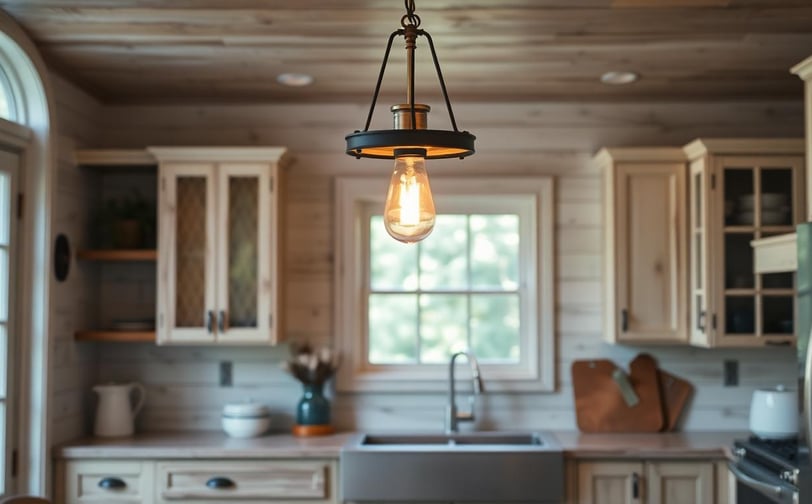 a kitchen with a light bulb hanging from a ceiling