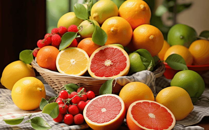 Food rich in Vitamin C like oranges, grapefruit, strawberries, kiwi fruit