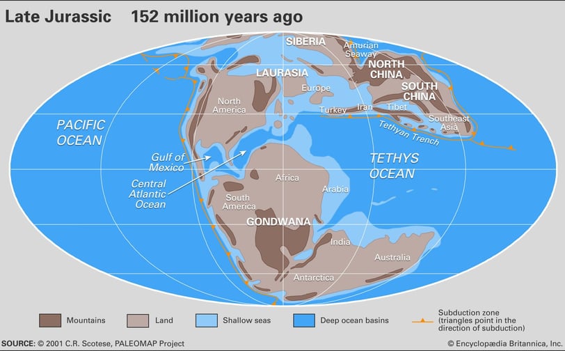 Map of the Tethys Sea, approximately 150 million years ago