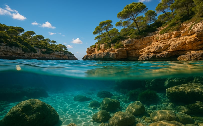 Vista dividida del mar en Mallorca, con acantilados y agua turquesa cristalina – Maiorca Unlocked.