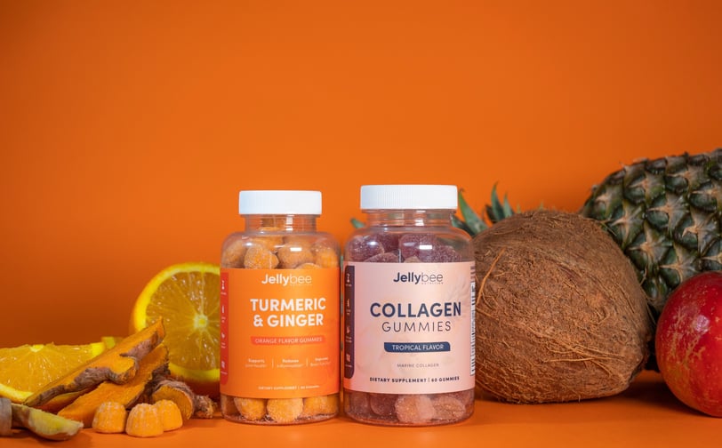 vitamin c gummies and fruits like orange coconut and pineapple