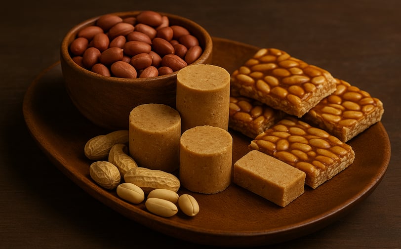 Doces típicos com amendoim em mesa de festa brasileira, paçoca, pé de moleque