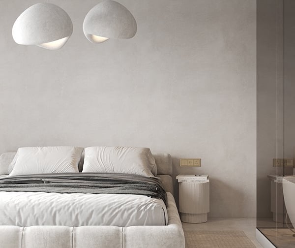 a light theme bedroom with a bed with lighting