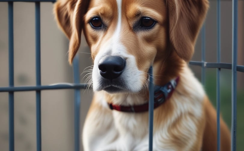 a dog is sitting in a caged in a cage