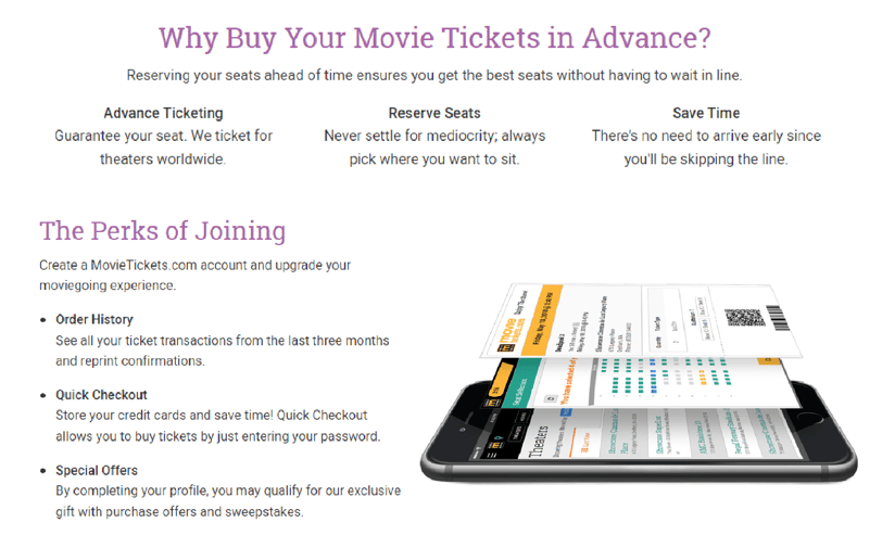 Image of UX copywriting sample from Glen Cadorette: Why Use MovieTickets.com.