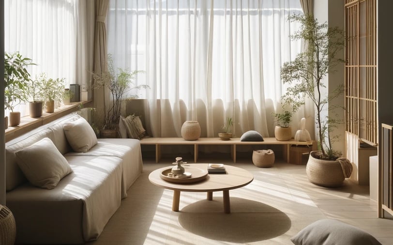 Small Japandi space with large windows dressed in sheer curtains