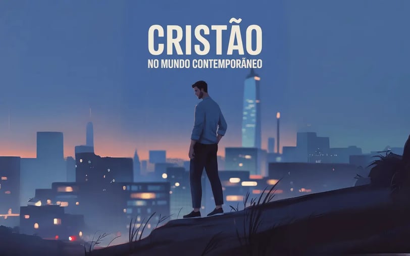 a man standing on a ledge with a city in the background