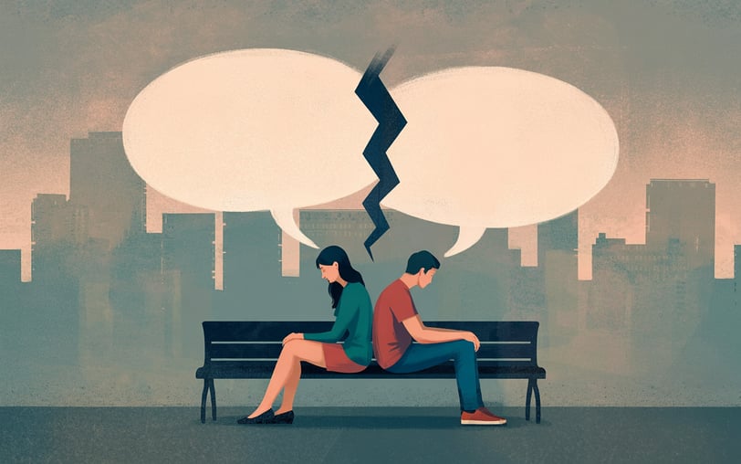 a man and woman sitting on a bench in front of a cityscapeople
