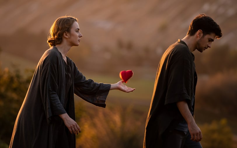 a man and woman holding a red heart shaped object