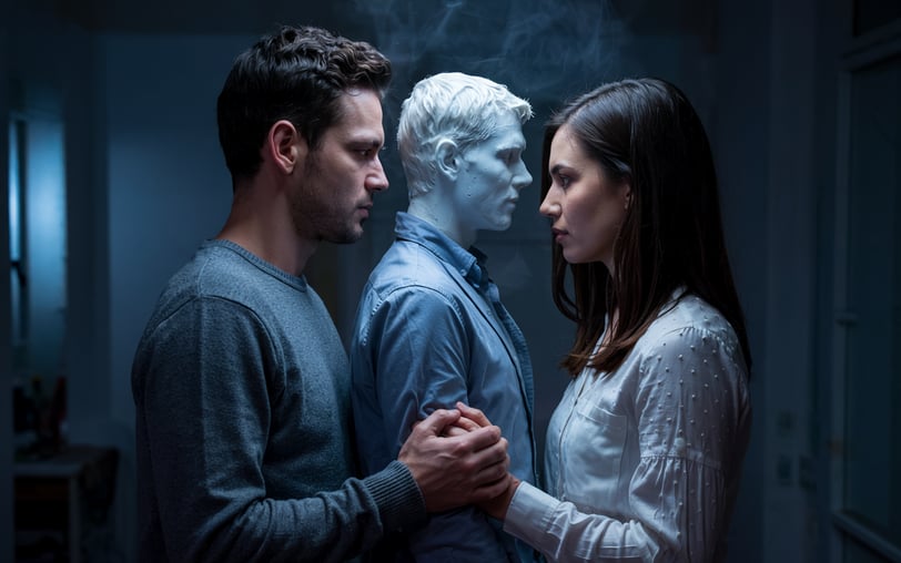 a man and woman standing in front of a statue