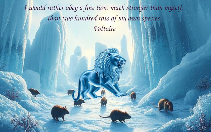 Lion made out of ice in a ice world with rats running all over.