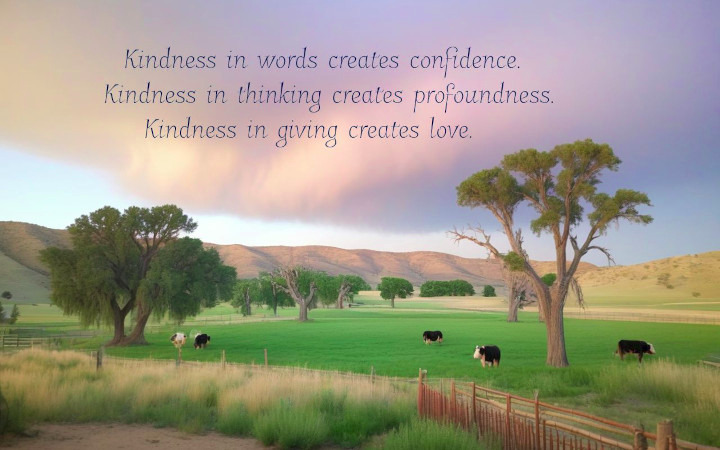 a field with trees and cows and a hilly ridgline in the background and a quote about kindness