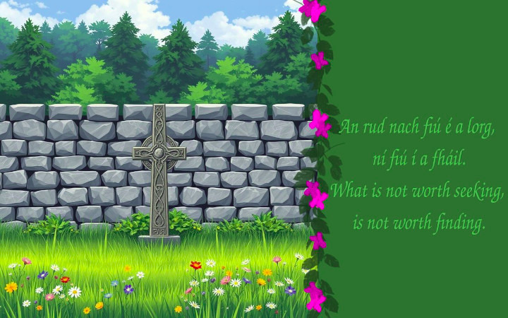 a flower border with a stone wall and a cross with a forest background on one half and celtic saying