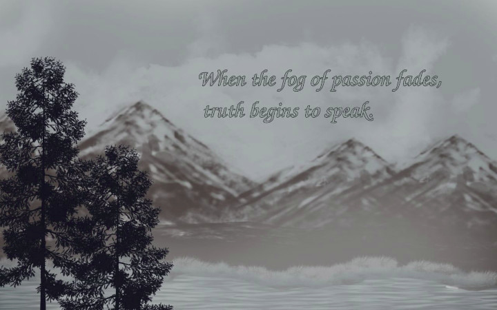 Gray scale mountain scene wtih trees and a lake.