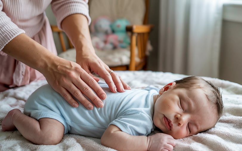 a baby is laying on a bed