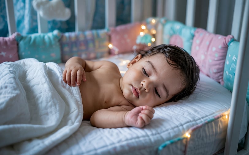 a baby is sleeping in a crib with a blanket