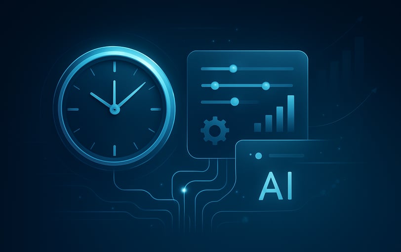 Digital clock and analytics icons connected to “AI,” representing AI-powered business automation and performance tracking.