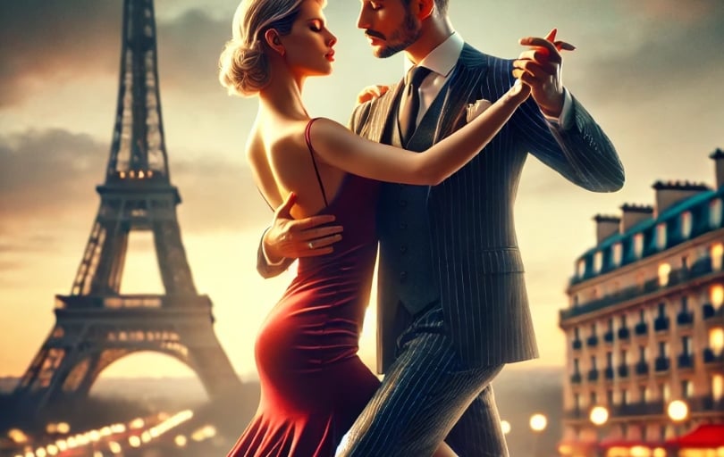 a man and woman dancing in front of a eiffiffle