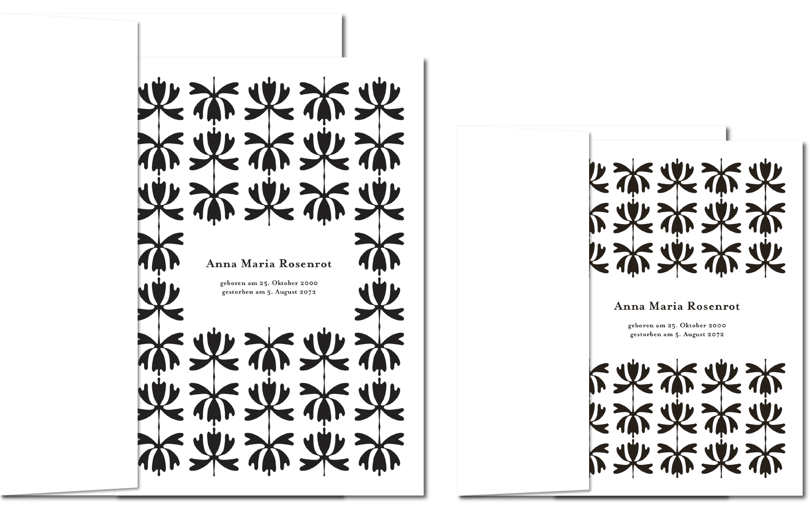 Trauerkarte mit floralem Design und Namen des Verstorbenen