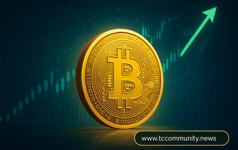 Illustration of a golden Bitcoin rising against a futuristic financial background with blockchain networks and upward market 