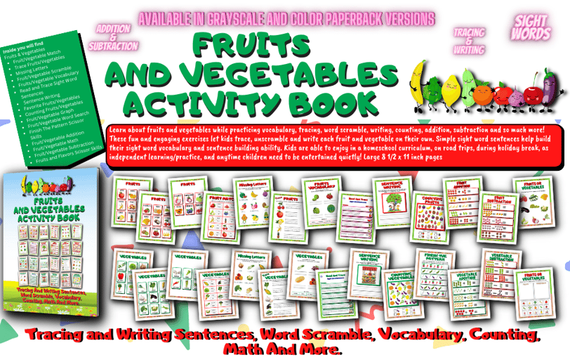 while practicing vocabulary, tracing, word scramble, writing, counting, addition, subtraction
