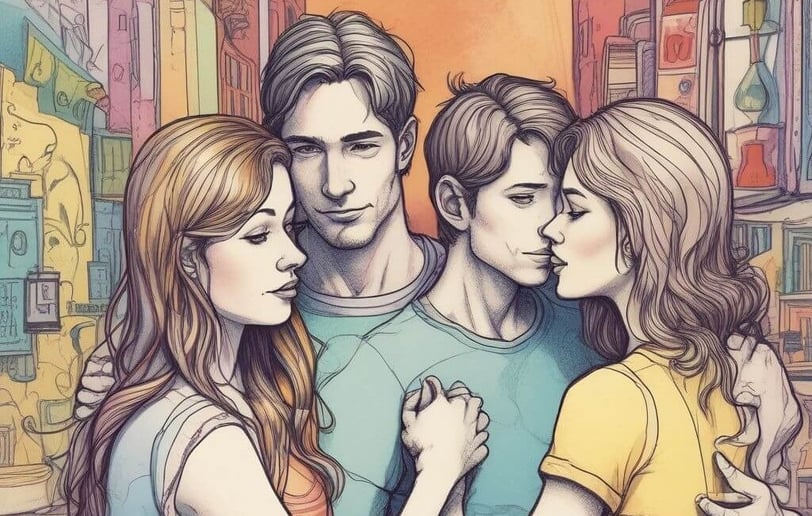 Illustration of three individuals hugging, representing the warmth and love in a polyamorous relationship.
