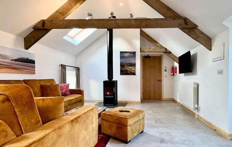 a large room with ochre coloured seating and log burning stove