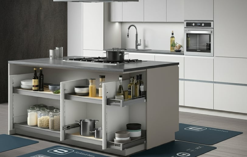 a kitchen with a kitchen island and a kitchen with a stove