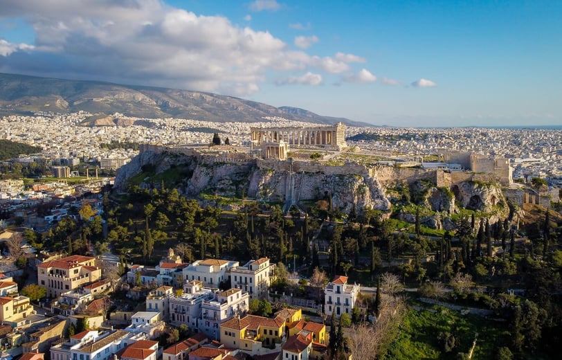 Aerial view of the Acropolis of Athens, Greece. Great tourist cultural heritage