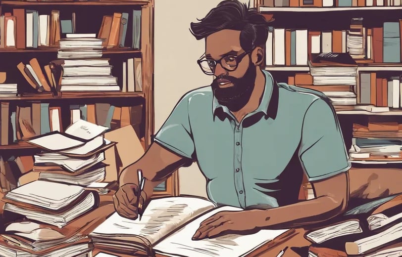 a man sitting at a table with a book and a pen