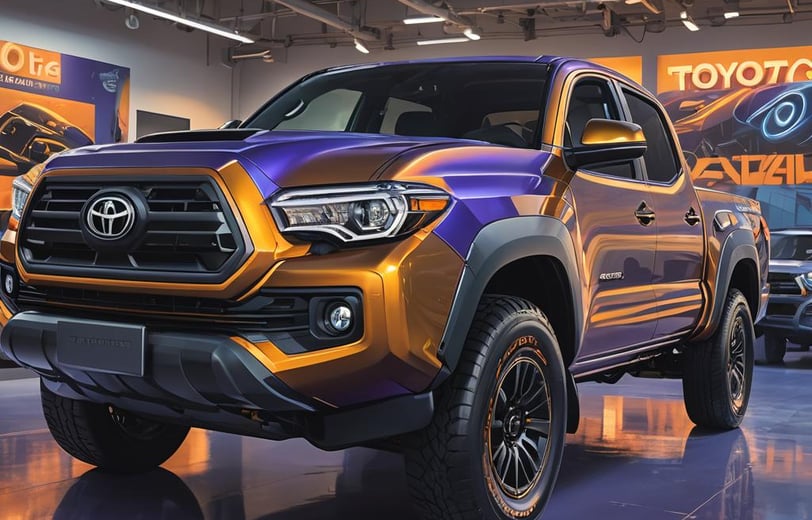 a purple toyota tacoma is parked in a showroom