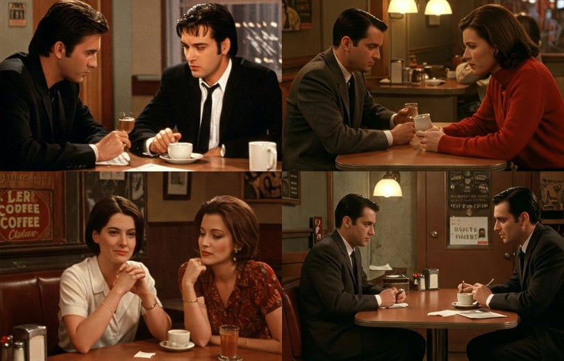 a collage of a man and woman sitting at a table