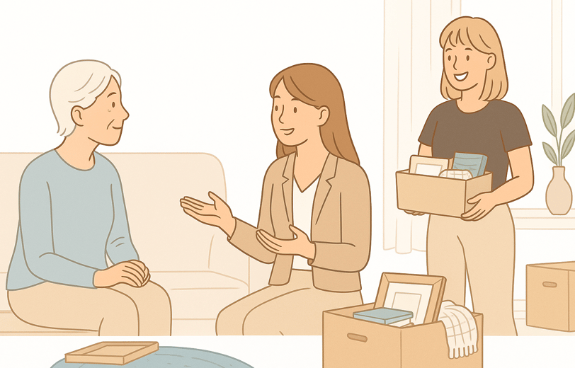 Professional organizer gently guiding an elderly woman through downsizing with support and care.