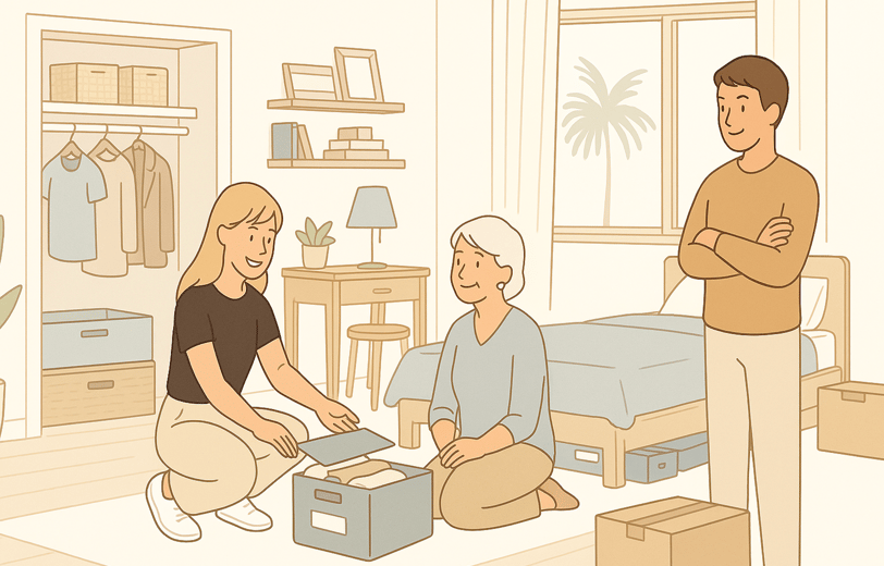 Organizer helping an elderly woman sort items with care while family looks on.