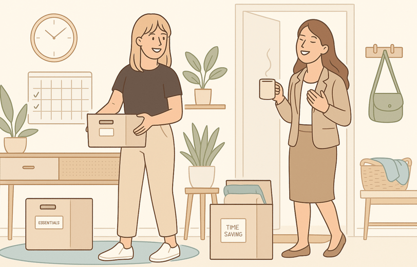 Organizer saving a busy woman time by setting up efficient systems at home.