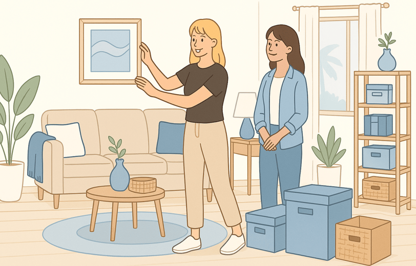 Organizer adding final styling touches to a living room after completing a full home setup.