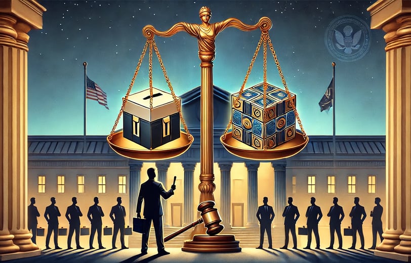 balança da justiça com um loot box e um martelo judicial, representando o equilíbrio entre monetizaç