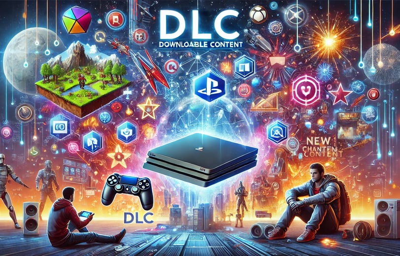 console cercado por ícones de DLCs, incluindo mapas e armas, com paisagens de diferentes gêneros