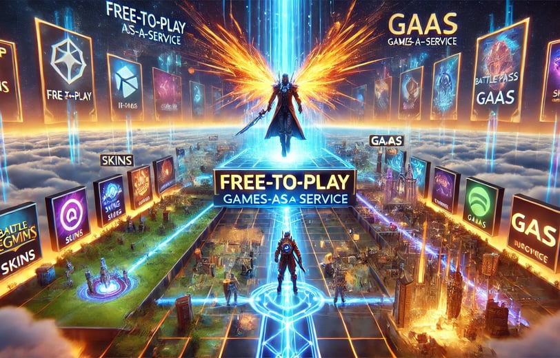 mostrando o impacto do Free-to-Play e GaaS, com um personagem em uma plataforma cercada por opções 