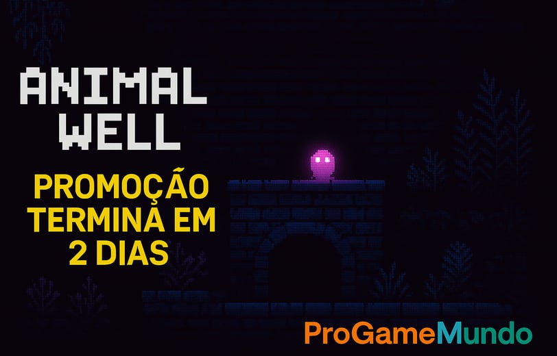 Promoção de Animal Well com criatura rosa brilhante no escuro.
