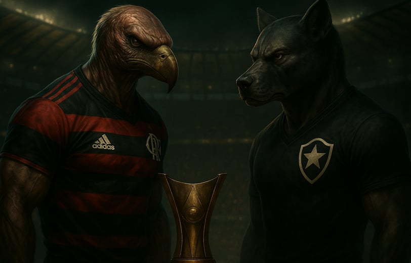 Mascotes humanoides de Flamengo e Botafogo se encaram em frente à arquibancada do Maracanã