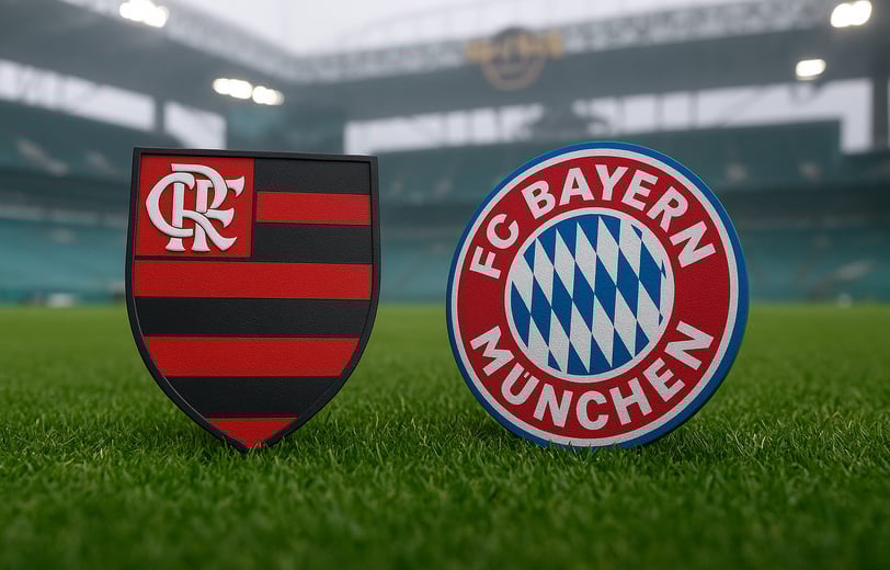Escudos de flamengo e bayer de munique sobre gramado