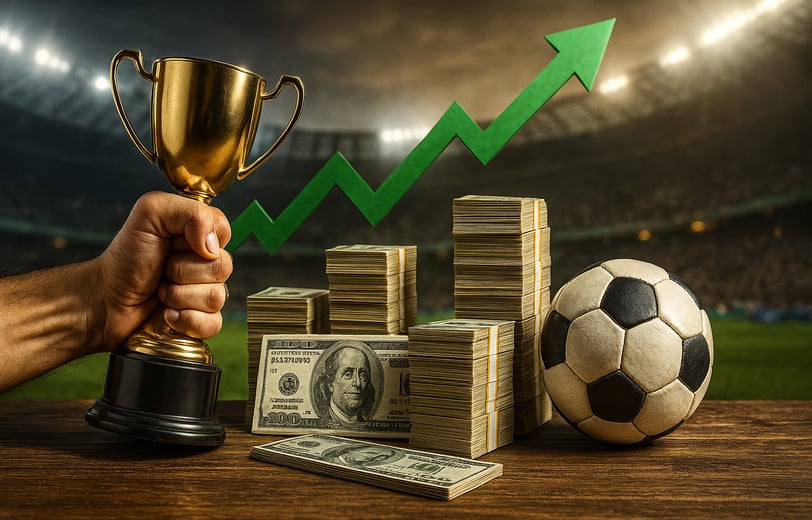 Imagem com bola de futebol e gráfico de lucros ao fundo, representando crescimento nas apostas.